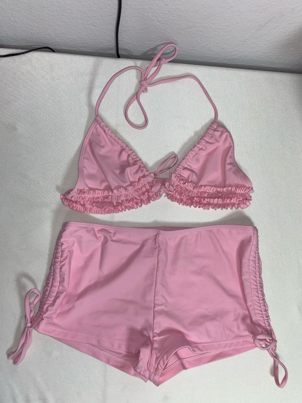 Shein Swim Mod Frill Trim Drawstring Halter Micro Triangle Bikini Size Medium